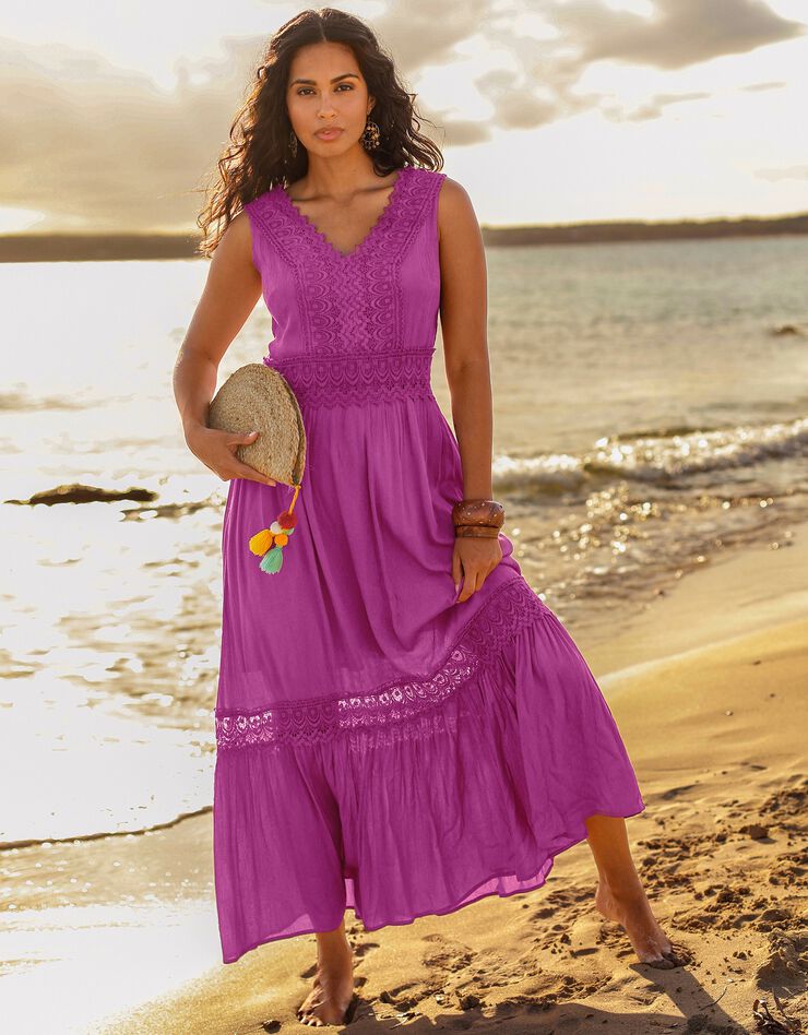 Robe longue volantée macramé (violine) Robe longue volantée macramé (violine)