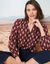 Blouse imprimée col montant, manches blousantes (chocolat / beige)