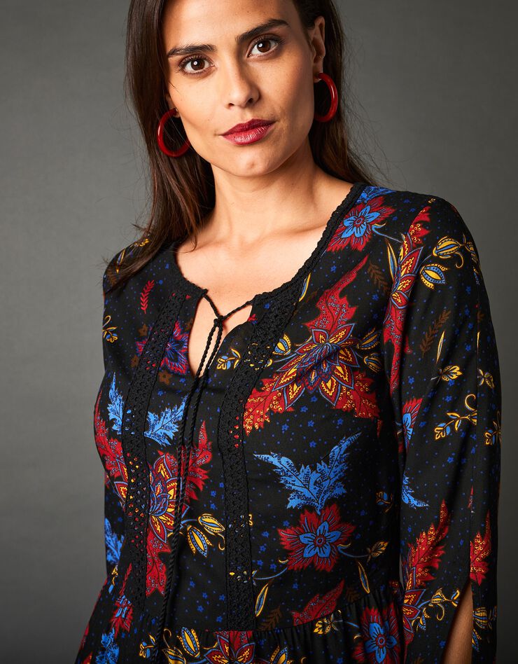 Robe longue imprimée manches 3/4 (noir / rouge)