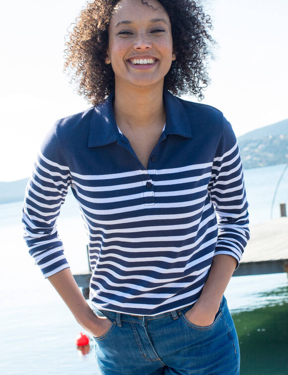 Polo ray&eacute; maille jersey (marine / blanc cass&eacute;)