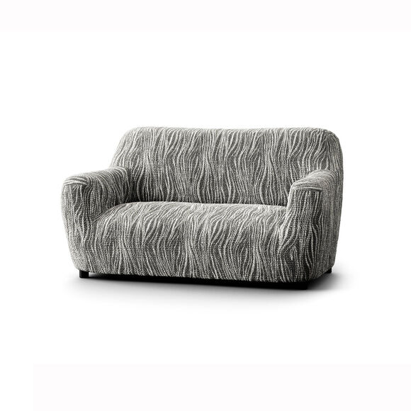 Housse bi-extensible microfibre imprim&eacute; vagues pour fauteuil et canap&eacute; (gris)