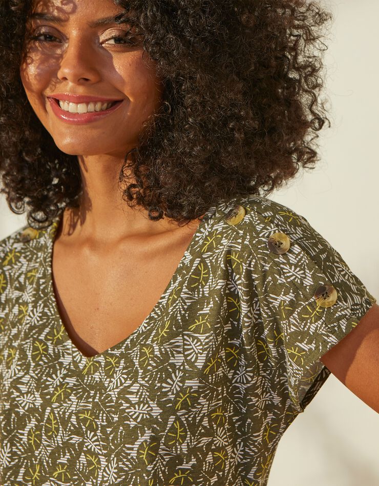 Tee-shirt imprimé col V, manches courtes et boutons sur épaules (bronze) Tee-shirt imprimé col V, manches courtes et boutons sur épaules (bronze)