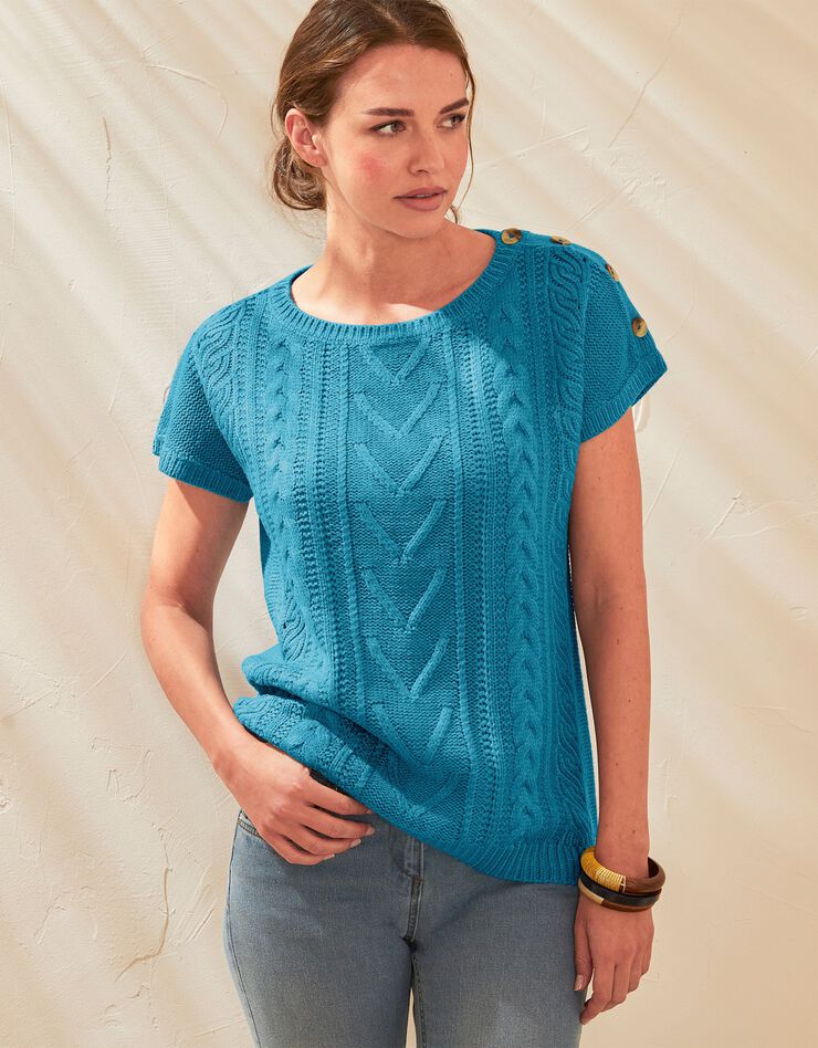 Pull torsadé toucher cachemire, manches courtes (bleu) Pull torsadé toucher cachemire, manches courtes (bleu)
