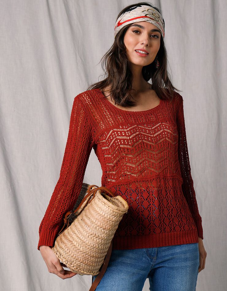 Pull maille fantaisie ajourée manches 3/4 (terracotta) Pull maille fantaisie ajourée manches 3/4 (terracotta)