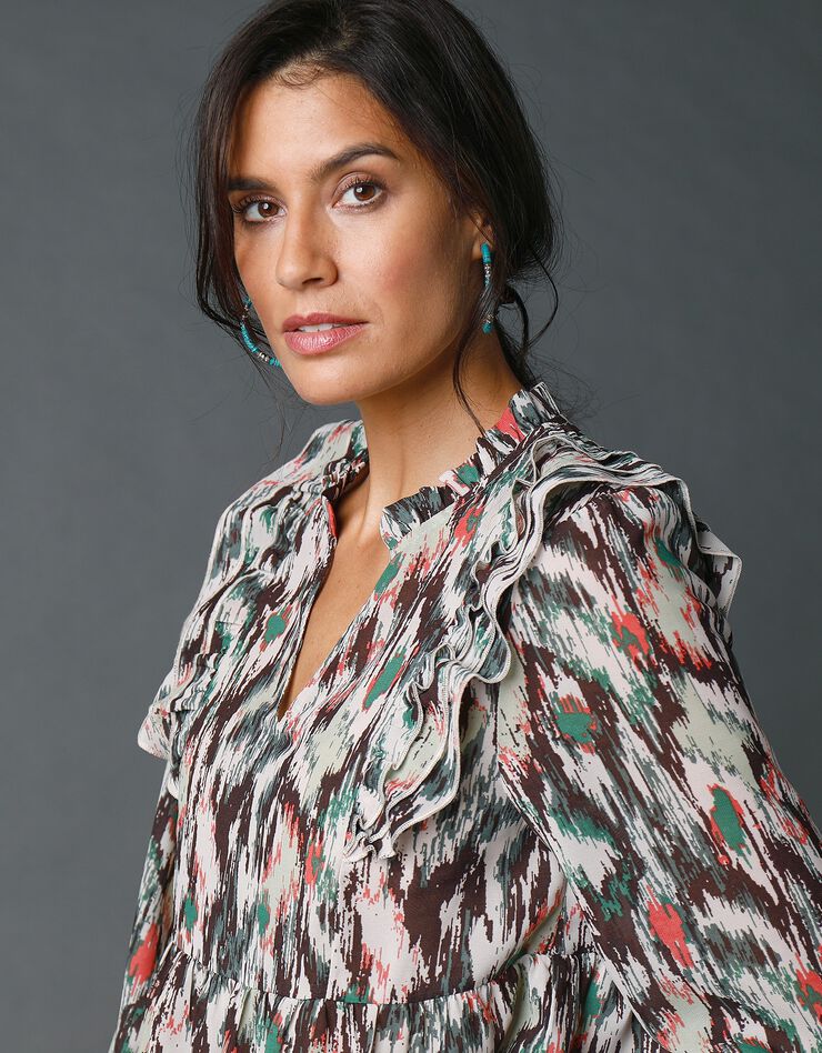 Blouse imprimée à volants (kaki / écru) Blouse imprimée à volants (kaki / écru)