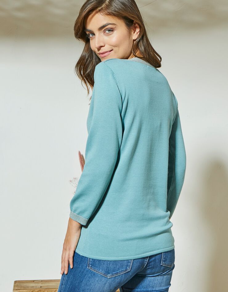 Pull col bateau bicolore, fils brillants (aqua) Pull col bateau bicolore, fils brillants (aqua)