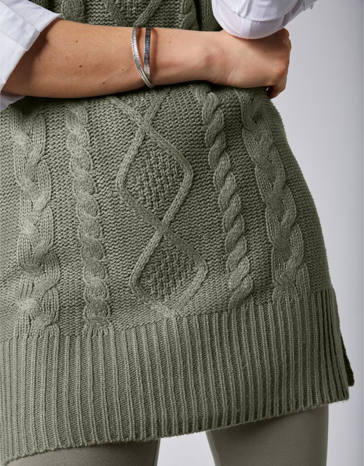Pull tunique torsadé manches courtes, toucher cachemire (kaki) Pull tunique torsadé manches courtes, toucher cachemire (kaki)