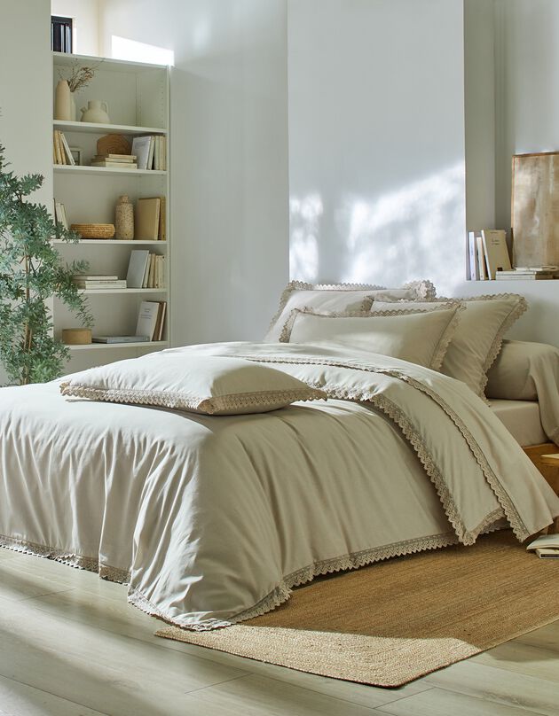 Linge de lit uni dentelle coton (sable)