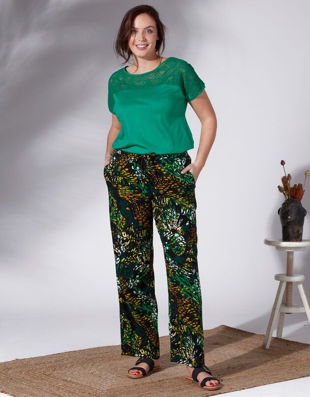 Pantalon large fluide imprimé feuillage (noir / émeraude)
