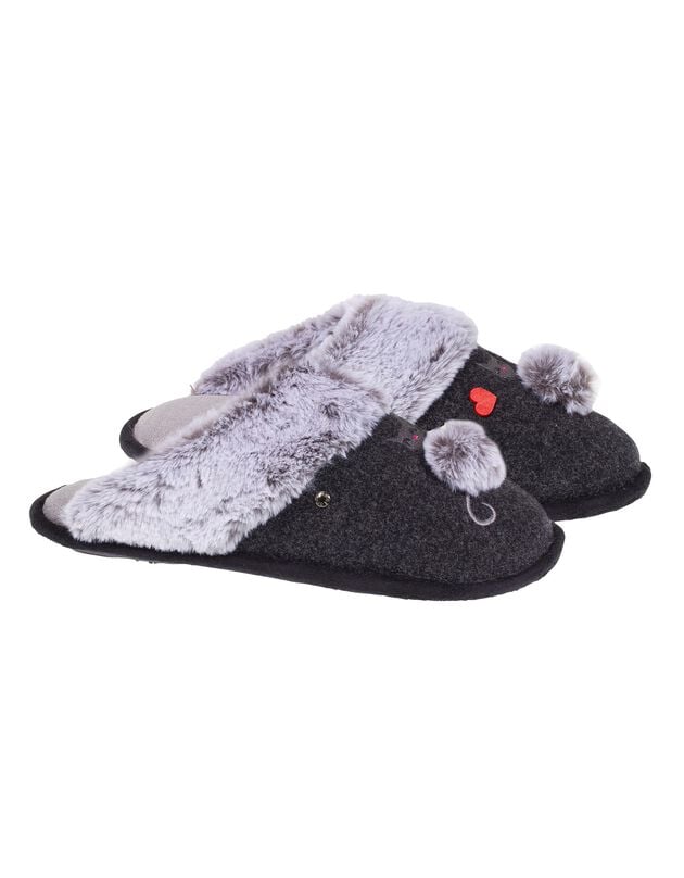 Chaussons mules plates chat fantaisie (marine)