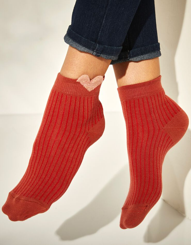Chaussettes en maille côtelée à motif coeur brillant 3D - lot de 3 (terracotta / écru) Chaussettes en maille côtelée à motif coeur brillant 3D - lot de 3 (terracotta / écru)
