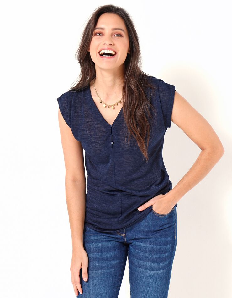 Tee-shirt uni col V boutonné, effet lin (marine) Tee-shirt uni col V boutonné, effet lin (marine)