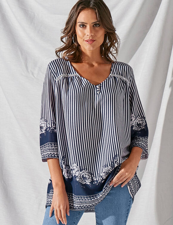 Blouse ample imprimée manches 3/4 pagodes (indigo / écru)