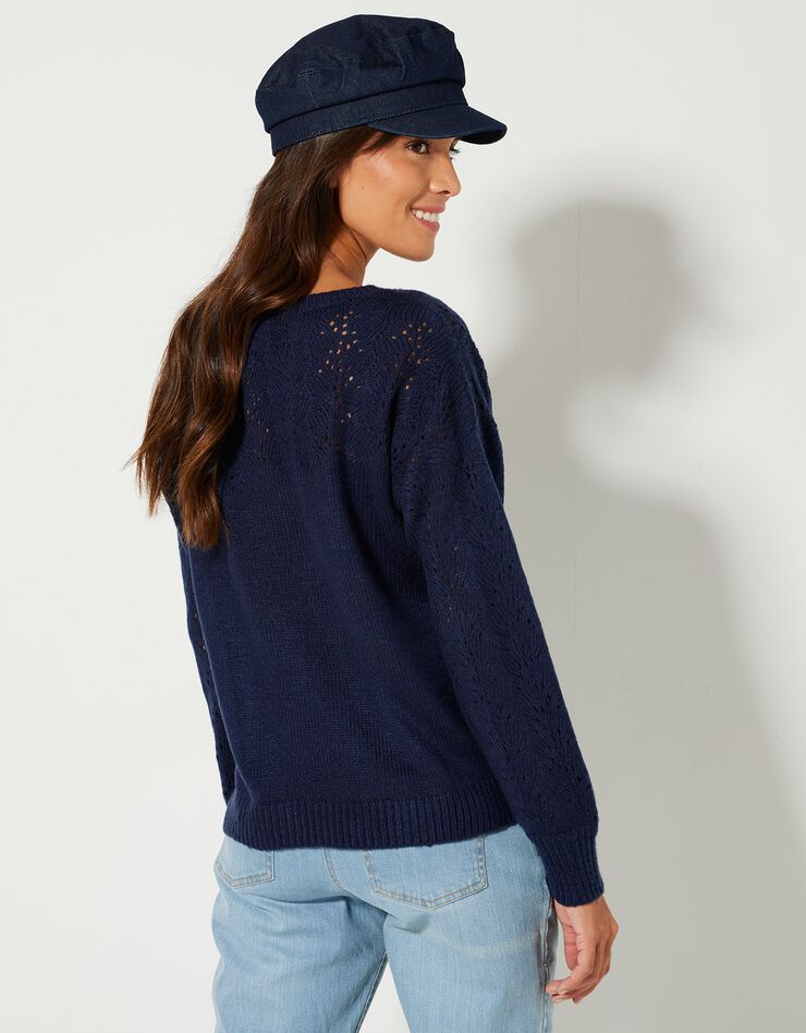 Pull manches longues blousantes, maille ajourée toucher mohair (marine) Pull manches longues blousantes, maille ajourée toucher mohair (marine)
