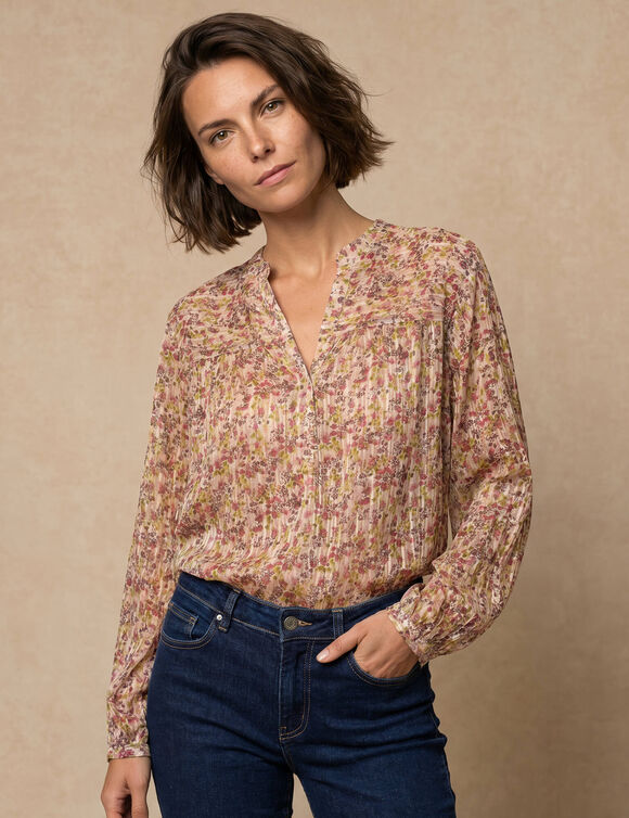 Chemisier imprim&eacute; fleuri, voile jacquard (&eacute;cru / rose)