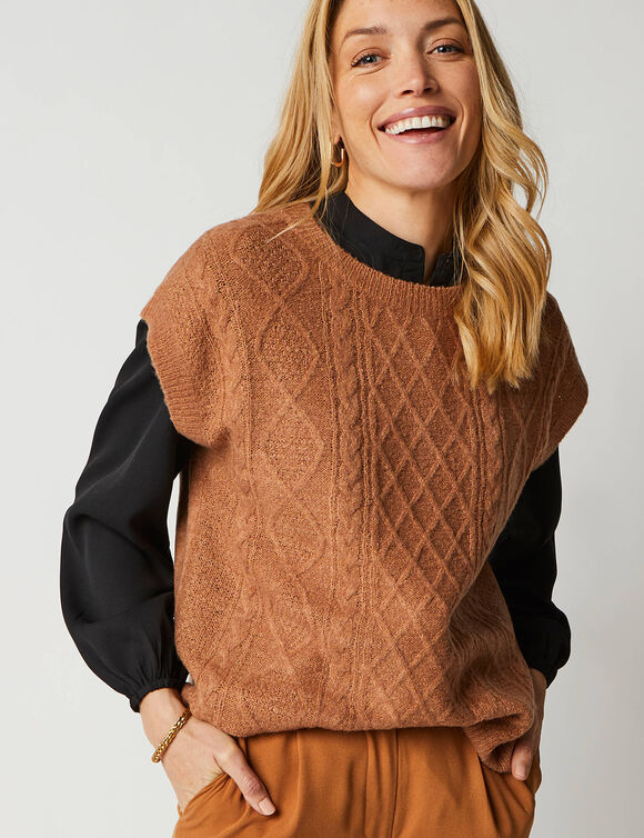 Pull torsadé sans manches, épaules tombantes (caramel)