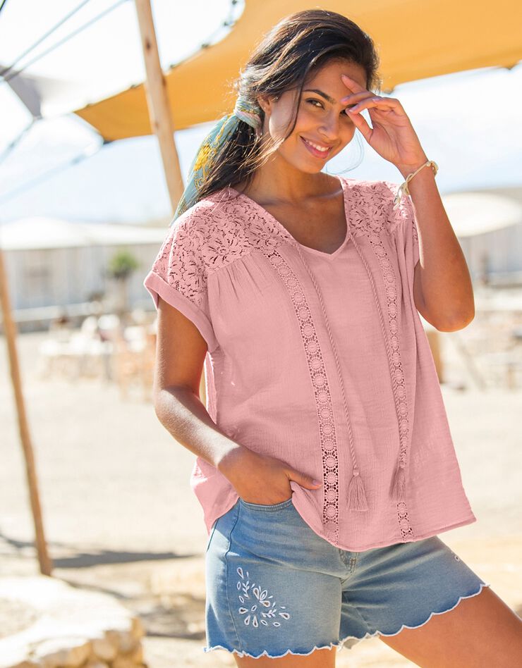 Tunique macramé crépon coton (rose grisé) Tunique macramé crépon coton (rose grisé)