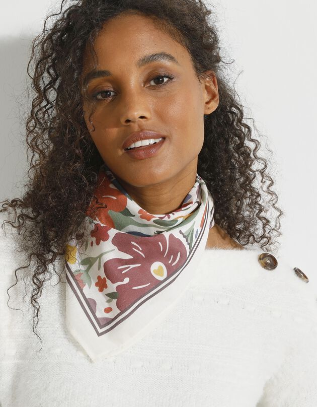 Foulard fabriqué en France imprimé fleurs, 70 x 70 cm - coton (écru)
