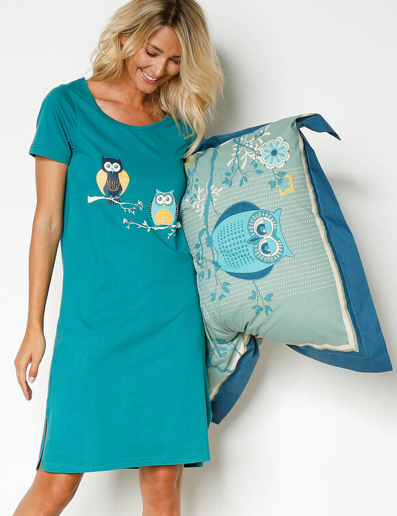 Chemise de nuit courtes manches courtes motif "hiboux" (vert sapin)