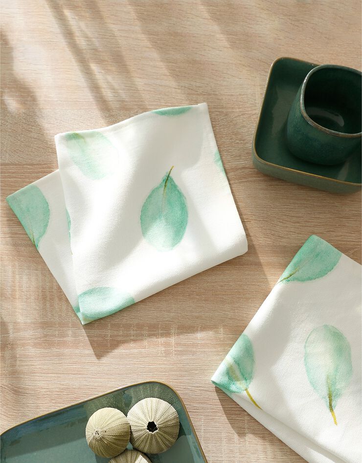 Serviette de table fabriquée en France motif végétal Aquarelle, lot de 2 - coton biologique(1) (blanc / vert)