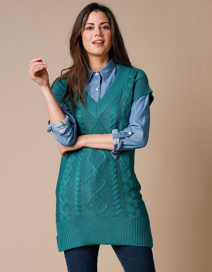 Pull tunique torsadé manches courtes, toucher cachemire (vert)