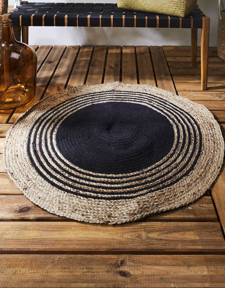 Tapis bicolore jute naturel et coton noir - rond (beige / noir)