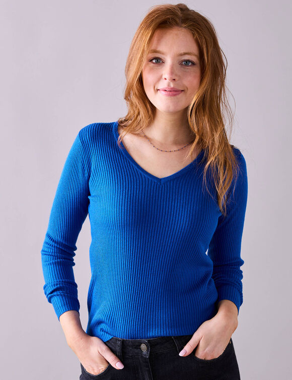 Pull col V, maille côtelée (bleu vif)