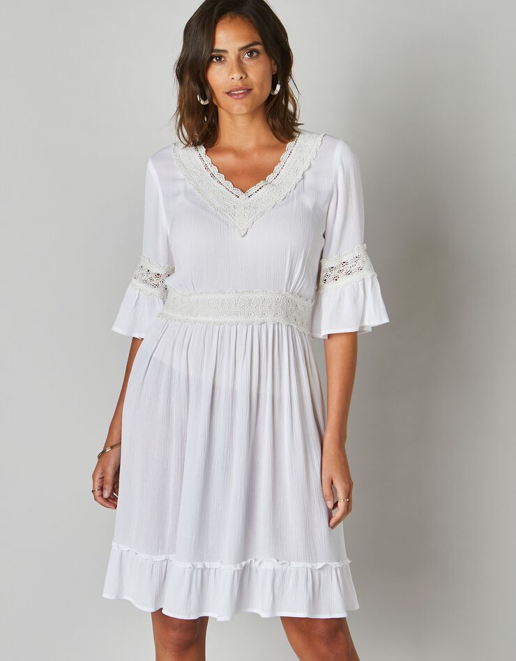 Robe courte macramé unie, crépon (écru)