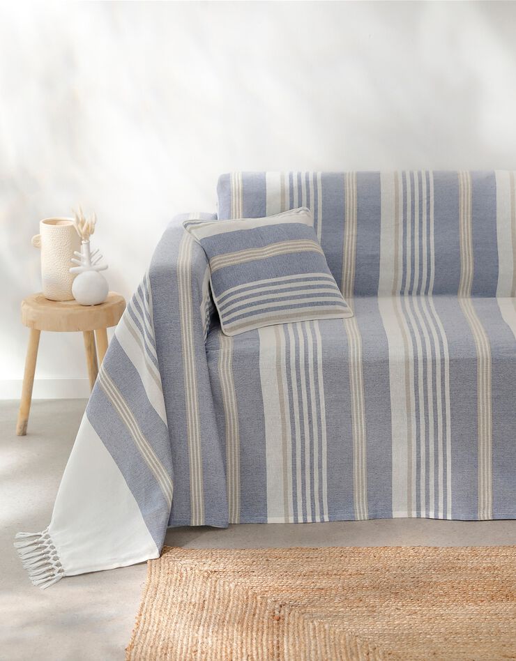 Plaid jeté multicolore coton tissage artisanal (bleu)