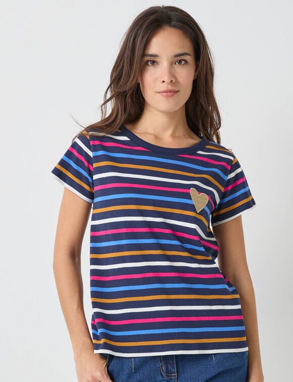 T-shirt rayé manches courtes, brodé "cœur" doré (marine / multicolore)