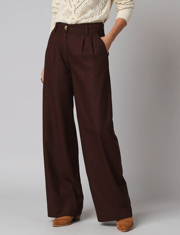 Pantalon large &agrave; pinces uni, en viscose-lin (chocolat)
