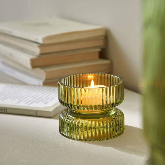 Bougeoir stri&eacute; en verre (vert)