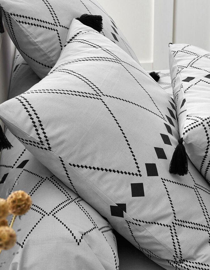 Linge de lit Massai coton à motifs graphiques et finitions pompons (gris)