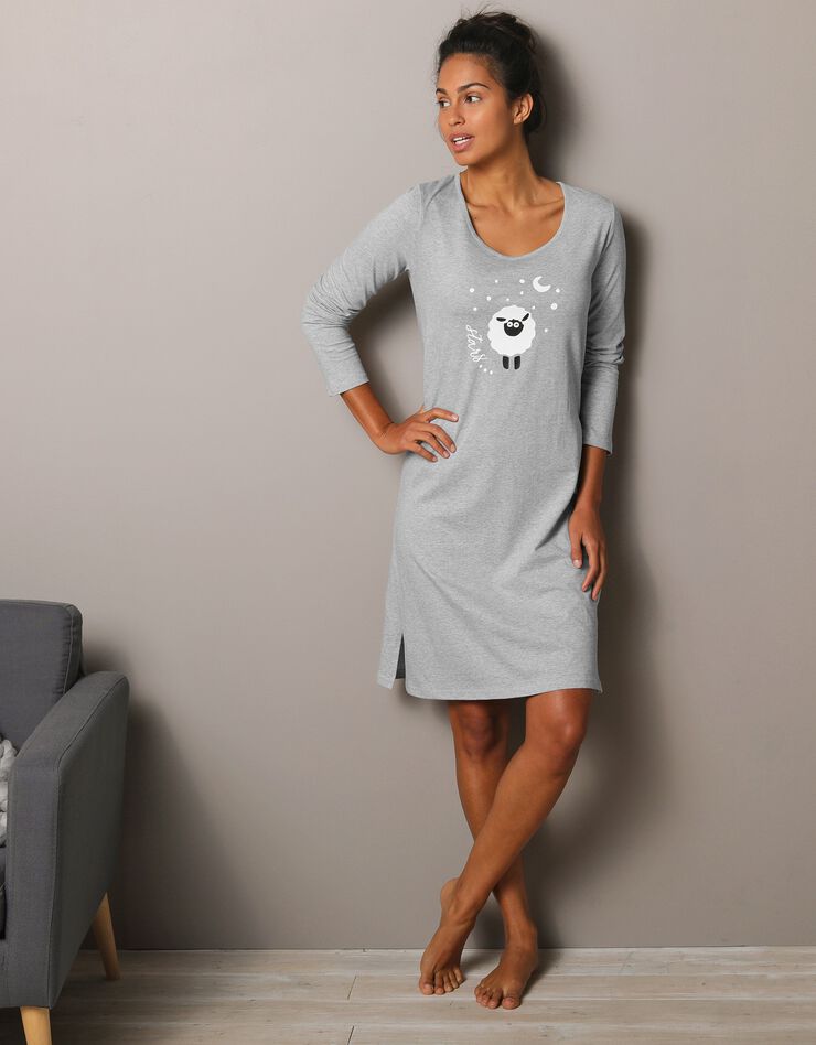 Chemise de nuit courte manches longues imprimé mouton (gris chiné) Chemise de nuit courte manches longues imprimé mouton (gris chiné)