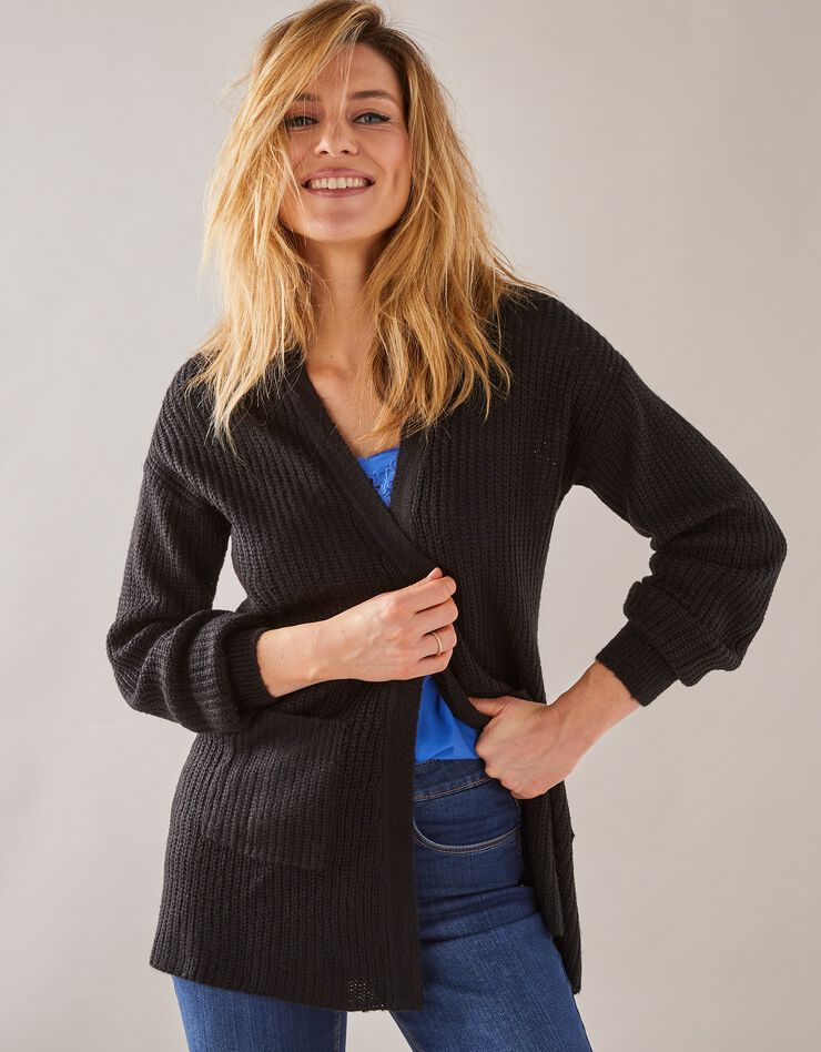 Gilet long, maille anglaise toucher mohair (noir) Gilet long, maille anglaise toucher mohair (noir)