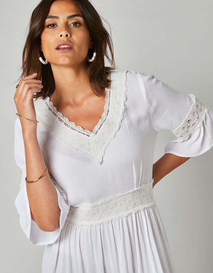Robe courte macramé unie, crépon (écru)
