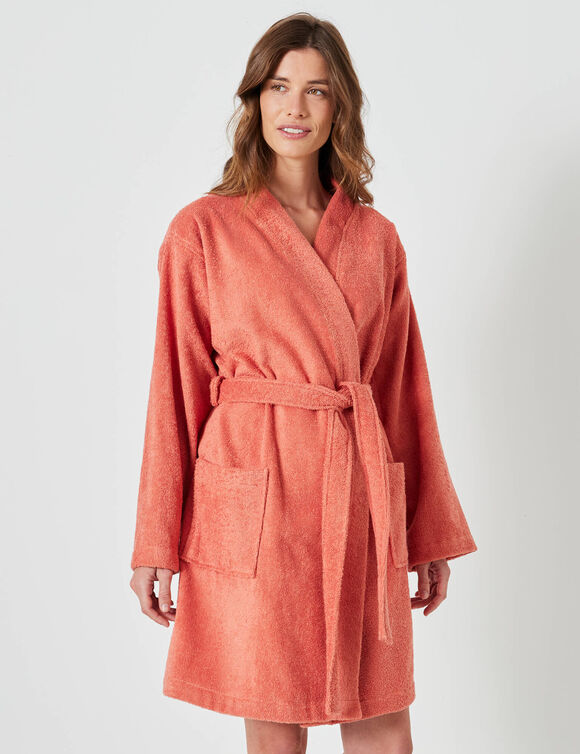 Peignoir court adulte col kimono éponge bouclette (tomette)