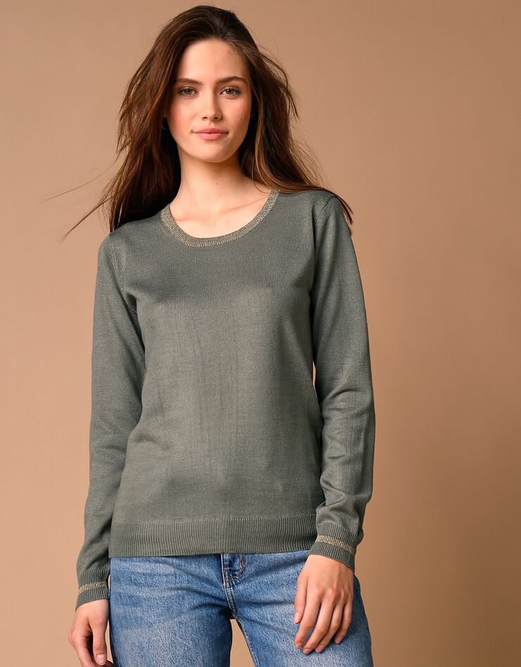 Pull col rond détails brillants, toucher cachemire (kaki) Pull col rond détails brillants, toucher cachemire (kaki)
