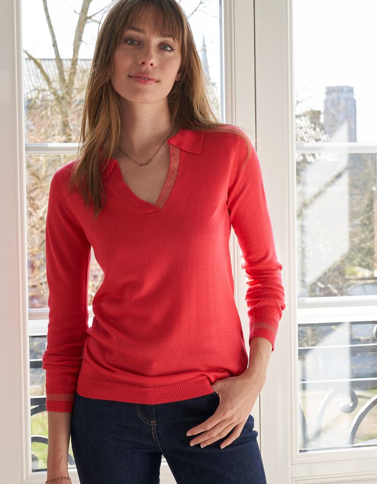 Pull col polo détails brillants, toucher cachemire (cerise) Pull col polo détails brillants, toucher cachemire (cerise)
