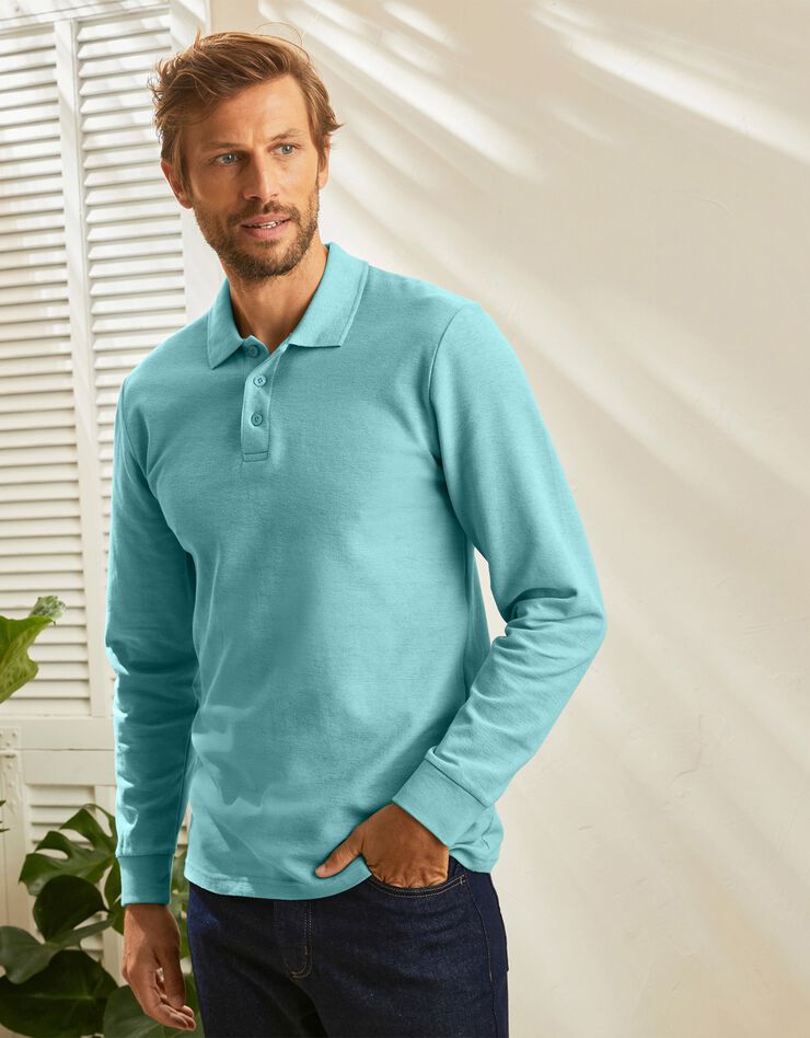 Polo uni maille piquée manches longues (vert d'eau) Polo uni maille piquée manches longues (vert d'eau)