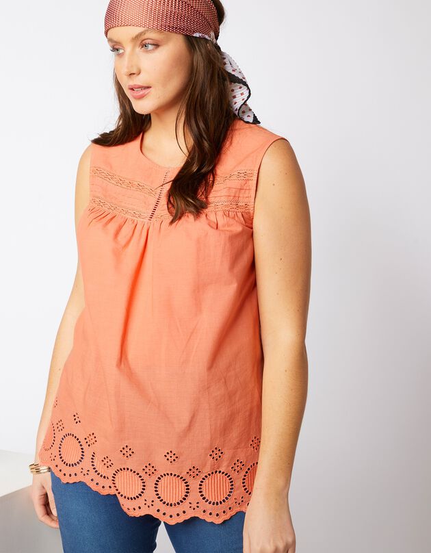 Blouse sans manches macramé broderie écailles (corail) Blouse sans manches macramé broderie écailles (corail)