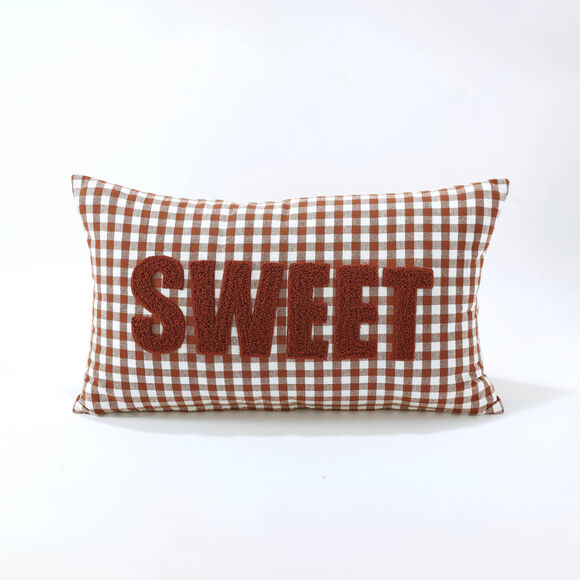 Coussin en coton, message SWEET et carreaux tiss&eacute;-teint  (caramel)