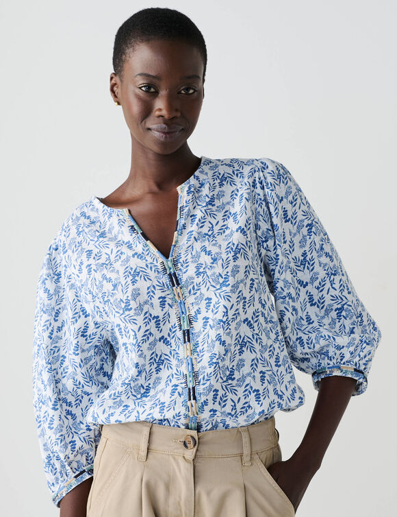 Blouse brod&eacute;e en coton imprim&eacute;e, manches 3/4 (bleu)