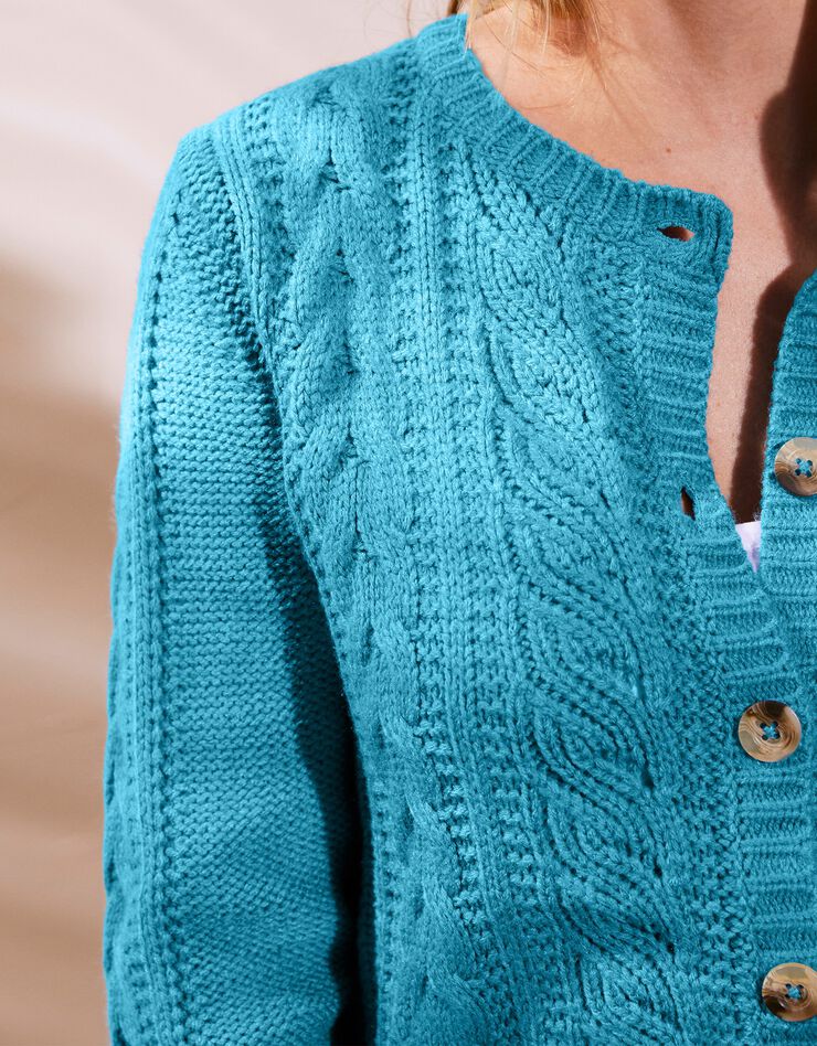 Cardigan femme boutonné torsadé toucher cachemire (bleu) Cardigan femme boutonné torsadé toucher cachemire (bleu)