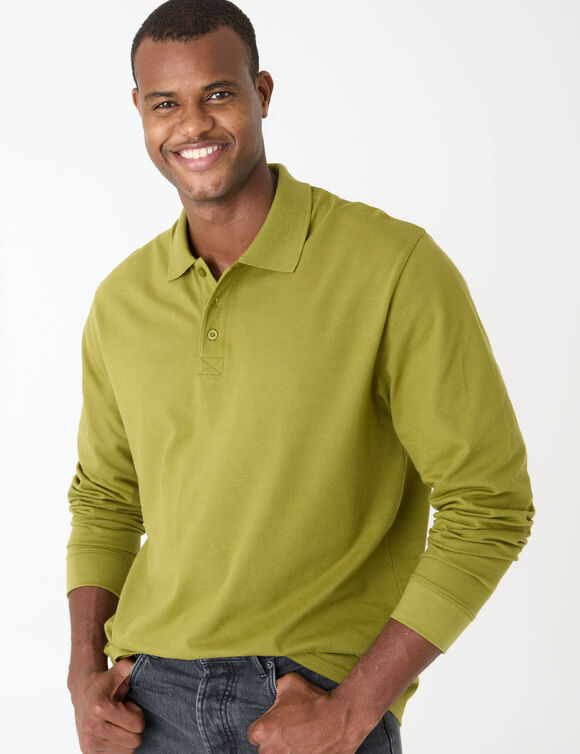 Polo uni maille piqu&eacute;e manches longues (vert mousse)