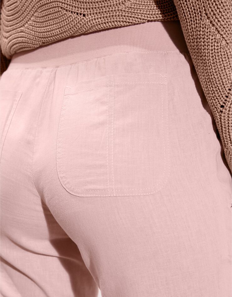 Pantalon coupe droite 7/8ème taille élastiquée, lin coton (rose poudré) Pantalon coupe droite 7/8ème taille élastiquée, lin coton (rose poudré)