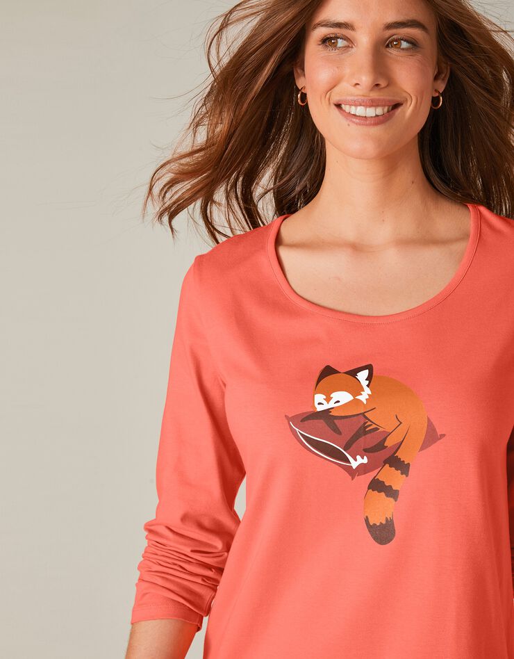 Chemise de nuit courte manches longues motif "panda roux" (corail)