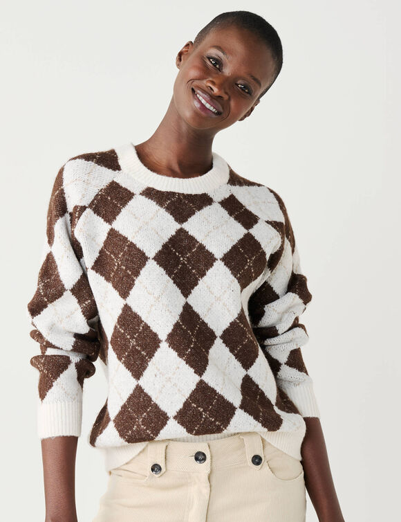 Pull col rond, jacquard motif losanges (beige / chocolat)