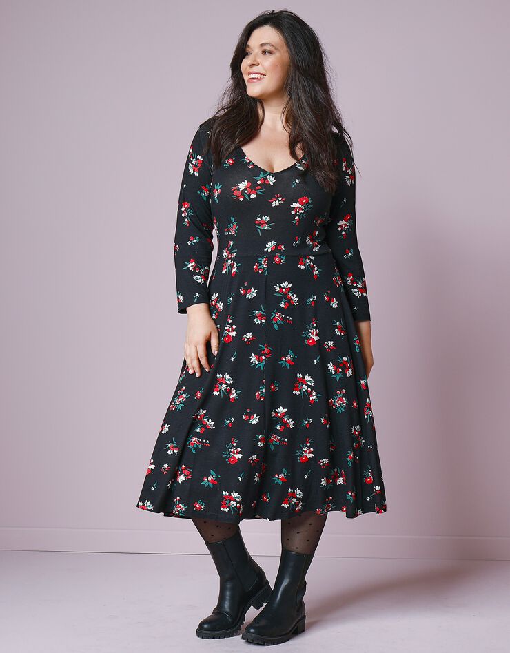 Robe midi imprimée, maille jersey (noir / rouge) Robe midi imprimée, maille jersey (noir / rouge)