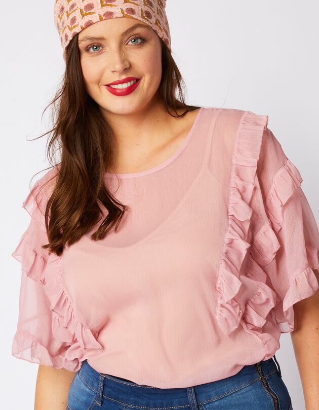 Blouse volantée en voile manches courtes - rose poudré (rose poudré) Blouse volantée en voile manches courtes - rose poudré (rose poudré)